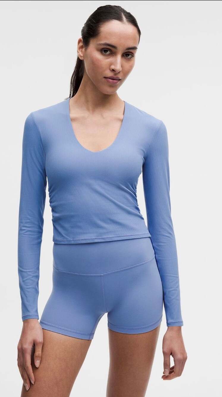 Lululemon All It Takes Ribbed Nulu V-Neck Long Sleeve Cropped Top Blue 2